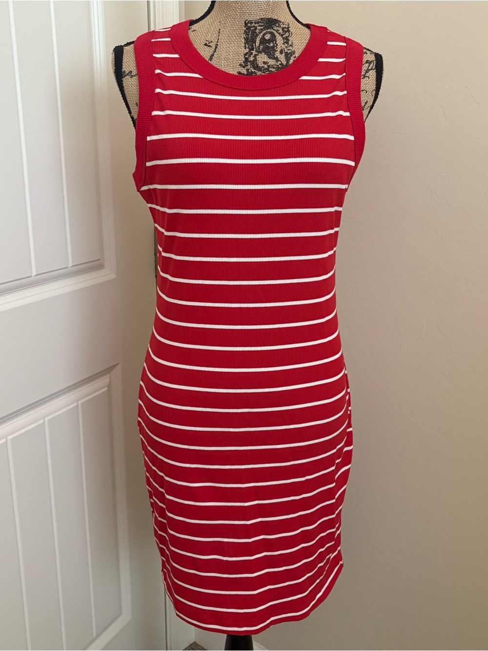 Red & White Striped Ribbed Stretch Tank Bodycon Dress